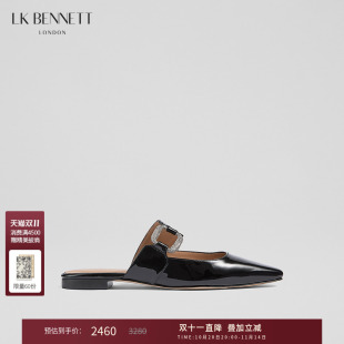 简约真皮牛皮搭扣一字拖 新款 lkbennett黑色平底凉拖鞋 女2025冬季