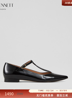 LK BENNETT黑色尖头漆皮平底鞋2025年夏新款时尚进口牛皮T字带