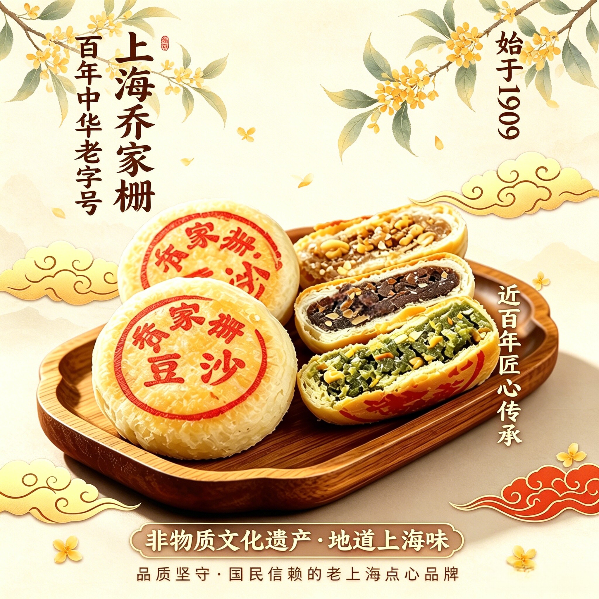 乔家栅苏式月饼*6只净素上海老字号豆沙老式酥皮月饼中秋传统糕点