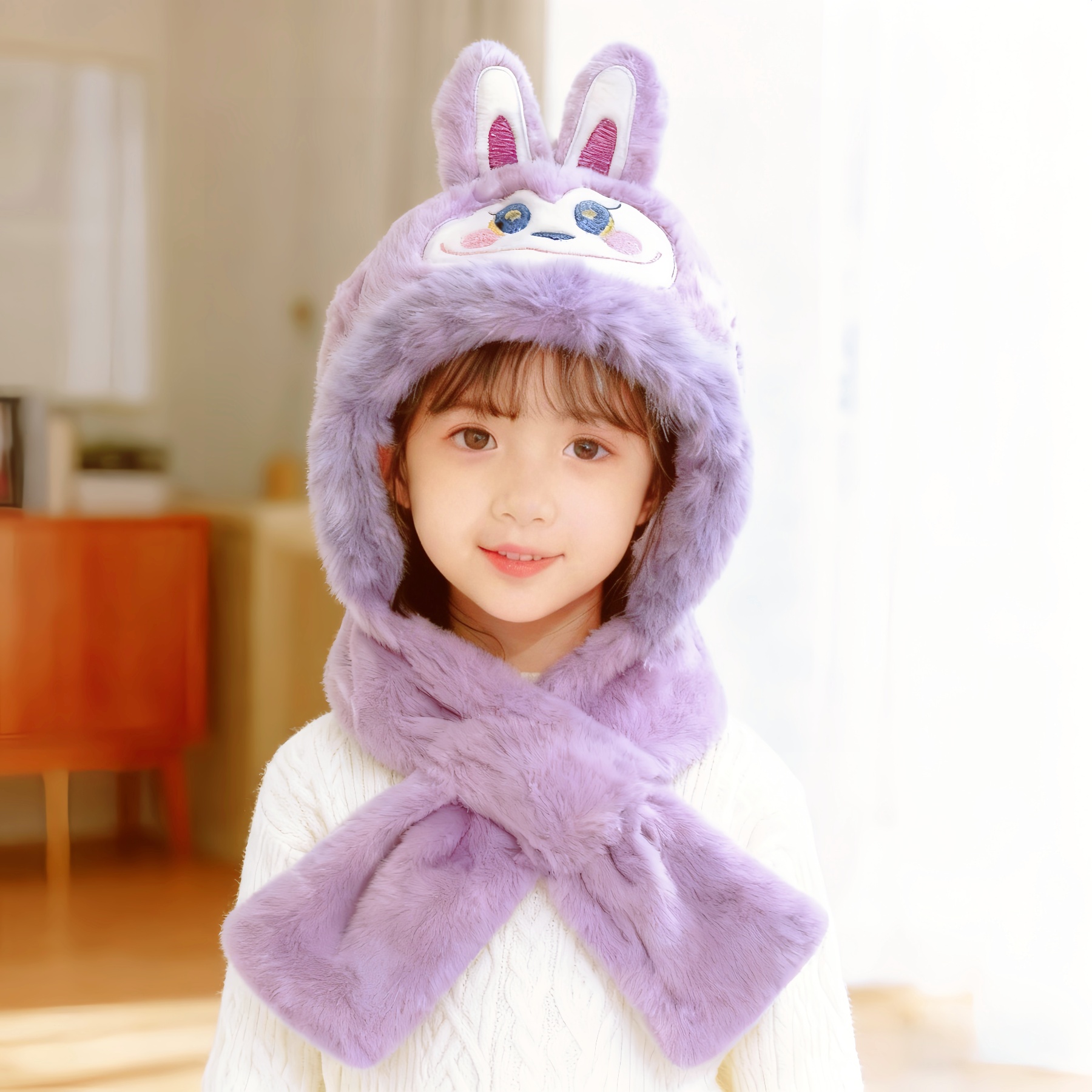 新款儿童帽子围巾一体拉布布秋冬季防寒加厚保暖包头护耳毛绒帽