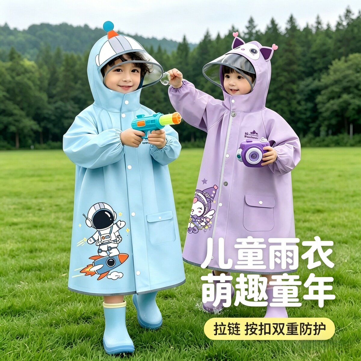 儿童雨衣防水拉链上学专用带帽檐雨披幼儿园宝宝可爱卡通防水长款