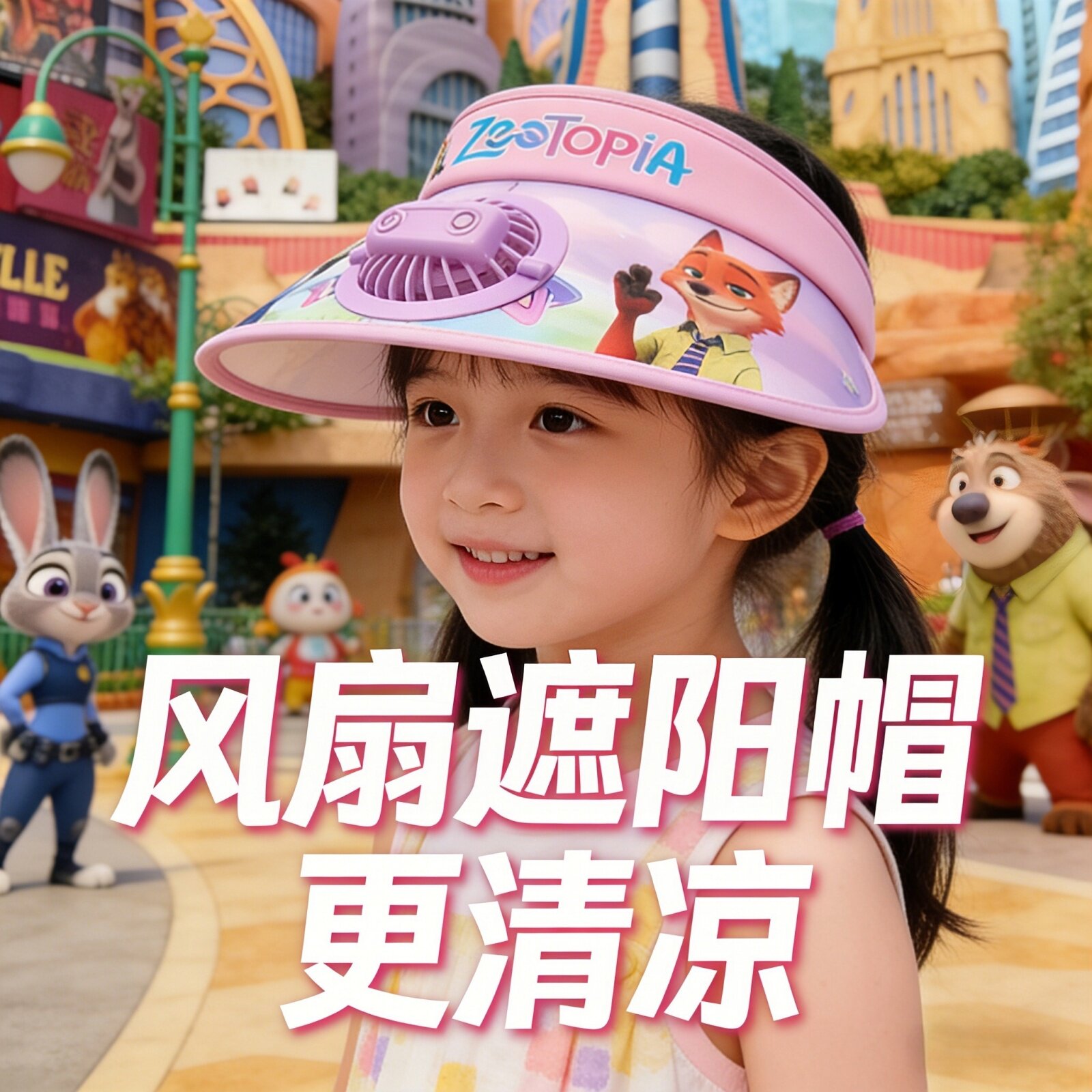 儿童新款防晒风扇遮阳帽动物城男女防晒帽夏季空顶防紫外线宝宝