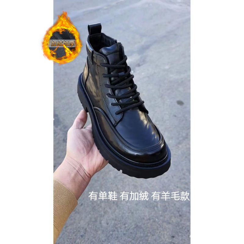 广州冬季加绒新品潮流时尚男鞋牛皮手抓牛皮侧拉链靴子休闲皮鞋