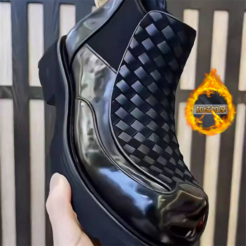 欧洲站男士切尔西靴时尚高级感纯皮编织高帮皮鞋潮流厚底套筒短靴