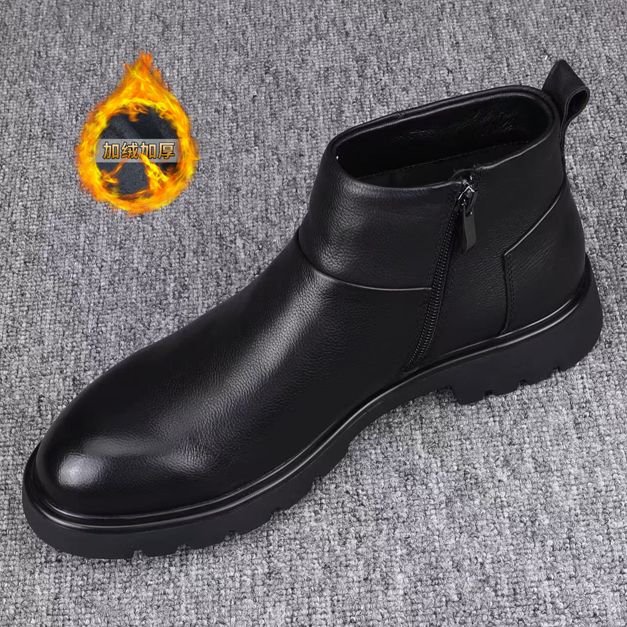 冬季切尔西男靴加绒保暖男士高帮皮鞋时尚软底侧拉链真皮马丁靴男