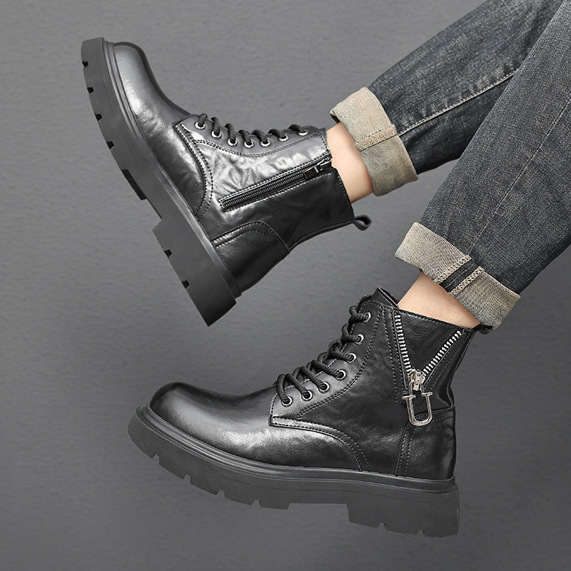 秋冬季软皮马丁靴男2025秋季新款真皮手抓皮防水皮鞋高端拉链靴子