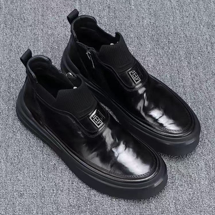 二棉皮鞋男款高帮冬季保暖加绒棉鞋2025新款潮流拉链厚底乐福鞋男