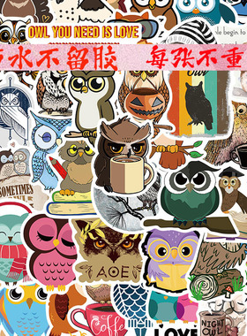 50张猫头鹰贴纸防水不留胶行李箱手机壳笔记本电脑平板吉他小贴画