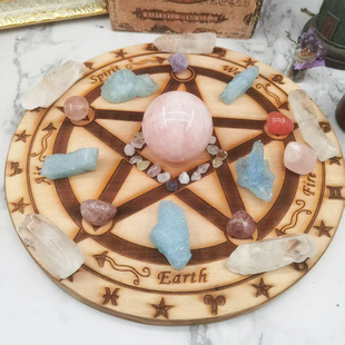 实木雕刻五芒星四元素木盘水晶盘蜡烛托盘道具摆件仪式厚实星座盘
