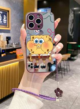 适用苹果16promax手机壳15plus补妆镜面ihpone14挂绳12pro新款iphon11套13网红xsmax防摔xs女x7xr海绵8plus