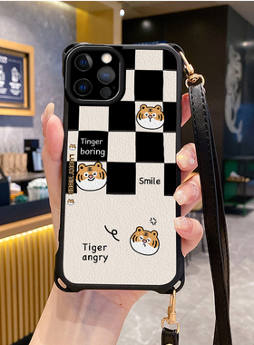 棋盘适用苹果16promax手机壳斜跨挂绳防摔iphone12pro新款ihpnoe11e套13网红15plus xs女iphon14x7xr潮8xsmax