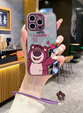 适用苹果16promax手机壳15plus补妆镜面ihpone14挂绳12pro新款iphon11套13全包xsmax防摔xs女x7xr草莓熊8plus