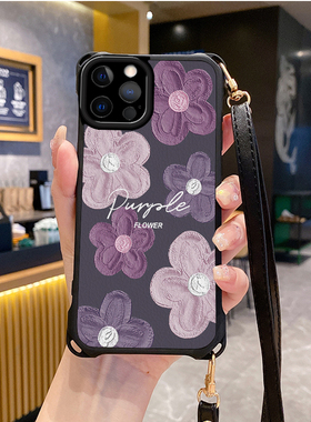 油画适用苹果16promax手机壳斜跨挂绳e防摔iphone12pro新款ihpnoe11套13网红15plus xs女iphon14x7xr潮8xsmax