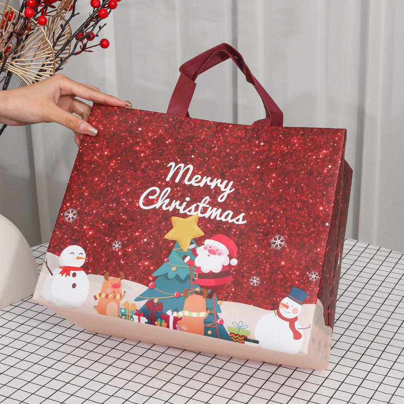 新款亚马逊热销圣诞印花款可爱卡通圣诞老人雪人无纺布手提袋现货