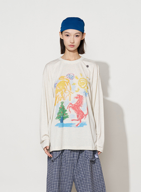 【高瀚宇同款】FMACM闷与狂蜡笔手绘牛马舒适2024春秋亲肤长袖T恤