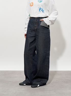 闷与狂FMACM 格纹拼接A型赤耳牛仔长裤2025春秋直筒设计感休闲裤