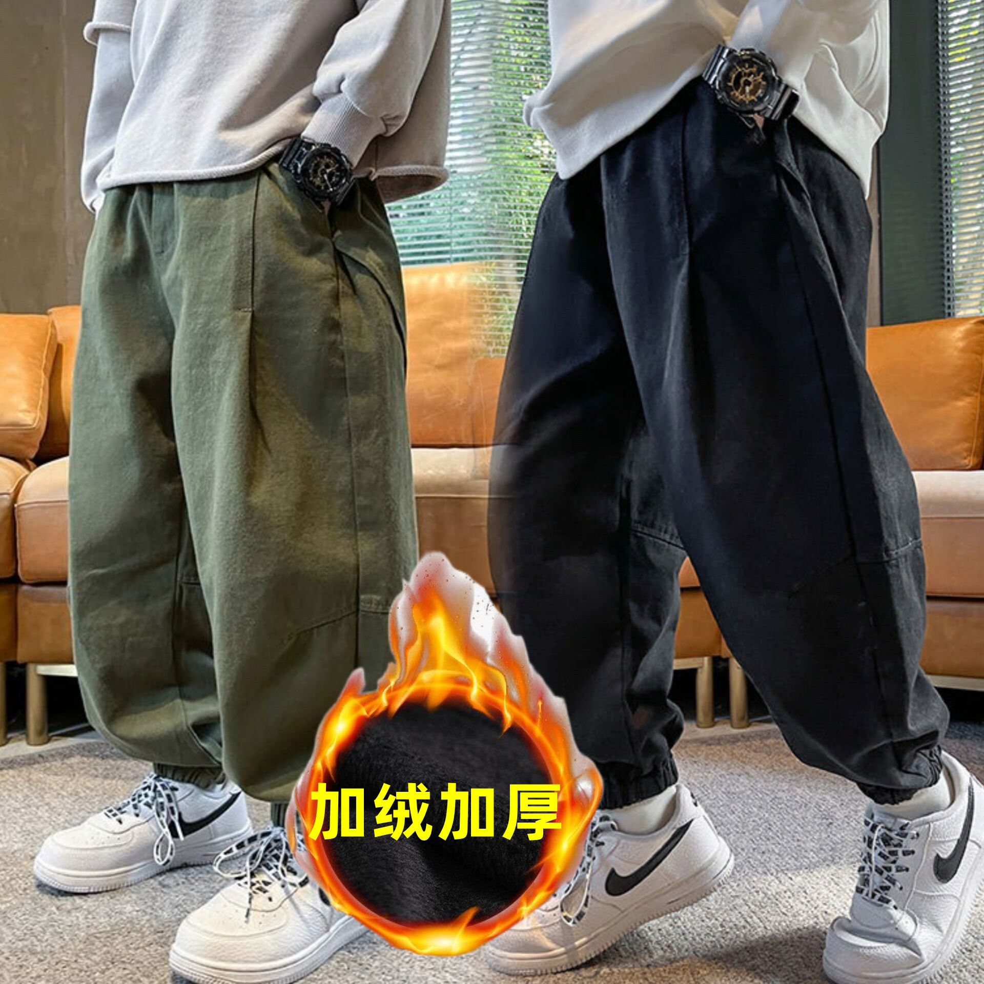 男童裤子秋冬款2023新款中大童男孩束脚裤儿童长裤冬款加绒工装裤