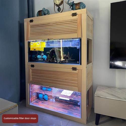 多层实木龟鱼缸架套装鱼缸架定制百叶门储物承重底架松木非铝型材