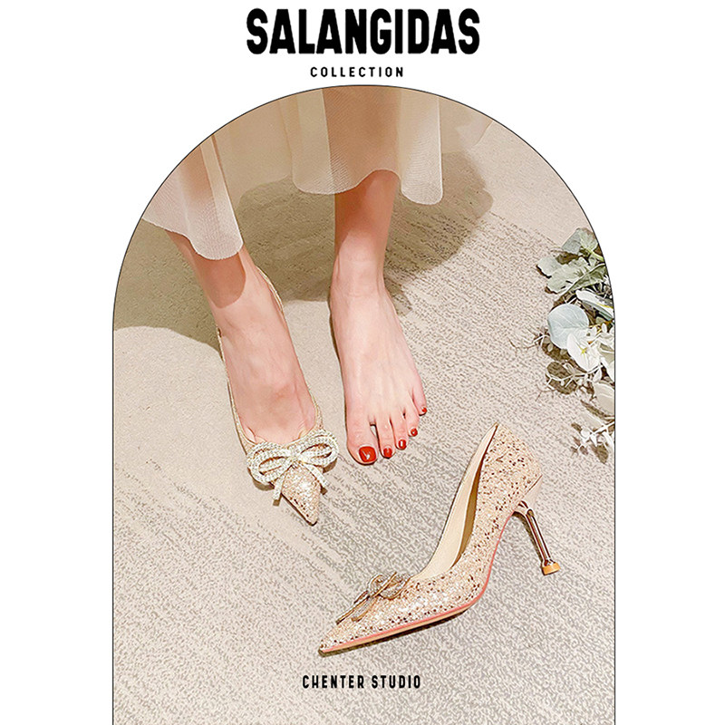 FRENCH CRYSTAL DIAMOND BUTTERFLY WEDDING SHOES MASTER WEDDING DRESS XIUHE TWO WEAR BRIDAL SEQUIN SHOES PRINCESS BANQUET STILETTO HEELS