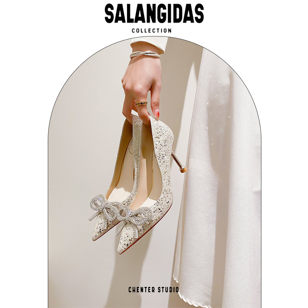 FRENCH CRYSTAL DIAMOND BUTTERFLY WEDDING SHOES MASTER WEDDING DRESS XIUHE TWO WEAR BRIDAL SEQUIN SHOES PRINCESS BANQUET STILETTO HEELS