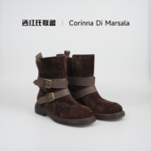 拍大 中筒靴跟高3.5c半码 大壮•西红氏 真皮美拉德复古加绒时装