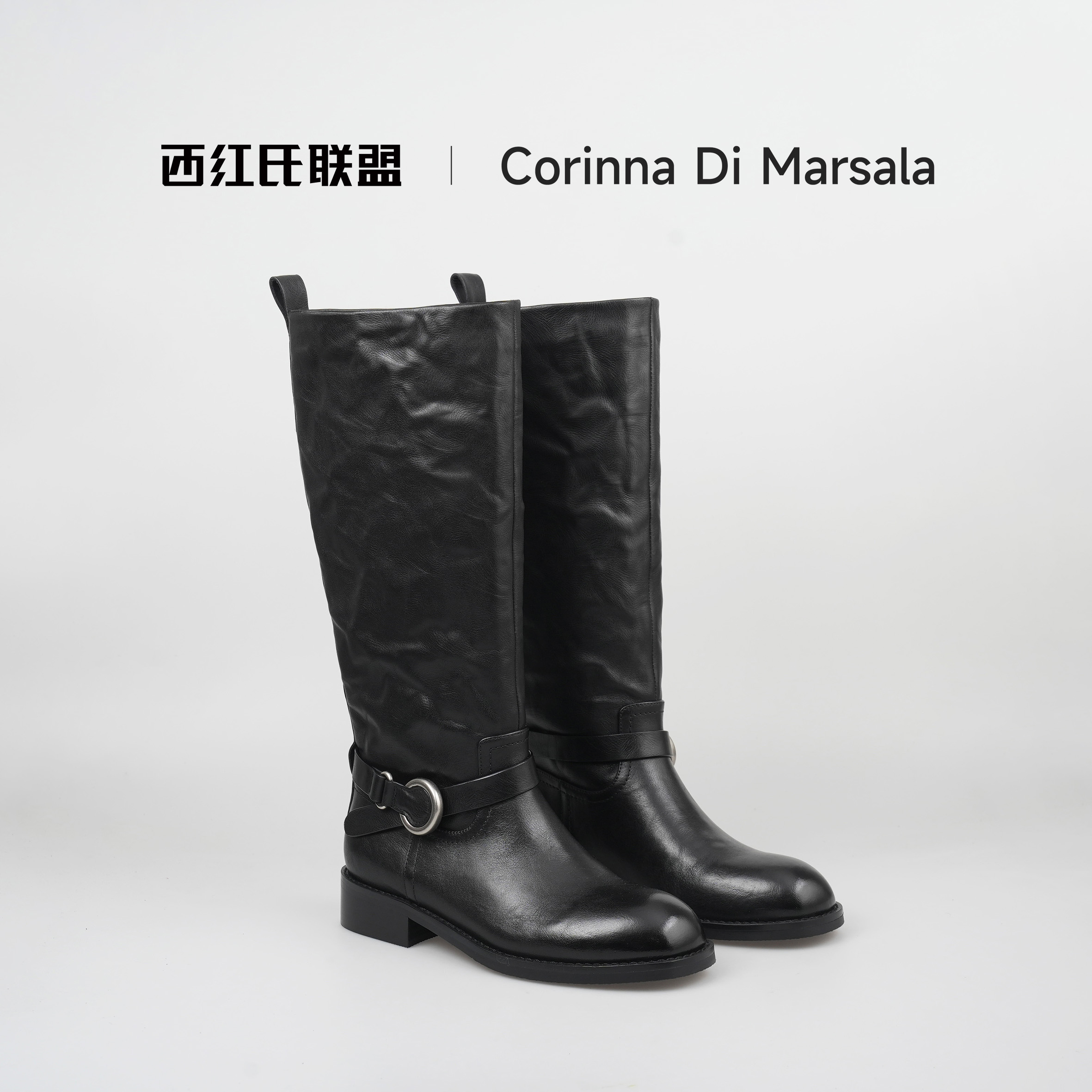 【西红氏•双12限时折扣】头层牛皮圆头中跟简约百搭高筒骑士靴