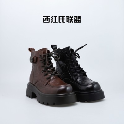 【西红氏•双11限时折扣】新款牛皮加绒增高圆头马丁靴跟高5cm
