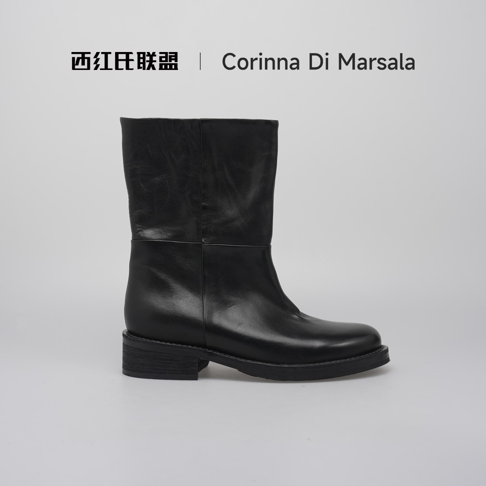 【大壮•西红氏】2025秋冬新款水洗牛皮复古高级骑士靴跟高4cm,女鞋,骑士靴,淘宝优惠券,粉丝福利购,淘宝优惠卷