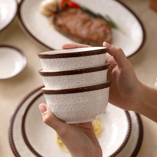 复古藤编陶瓷餐具碗盘家用饭碗浮雕碗碟组合碗具精致2026新款颜值