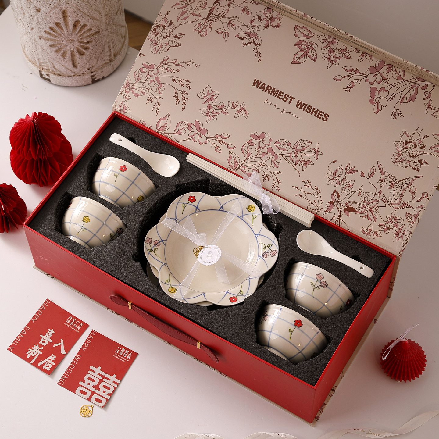 釉下彩花序餐具套装喜庆结婚礼物碗碟餐具套装盘子乔迁新居礼盒,餐饮具,碗,淘宝优惠券,粉丝福利购,淘宝优惠卷