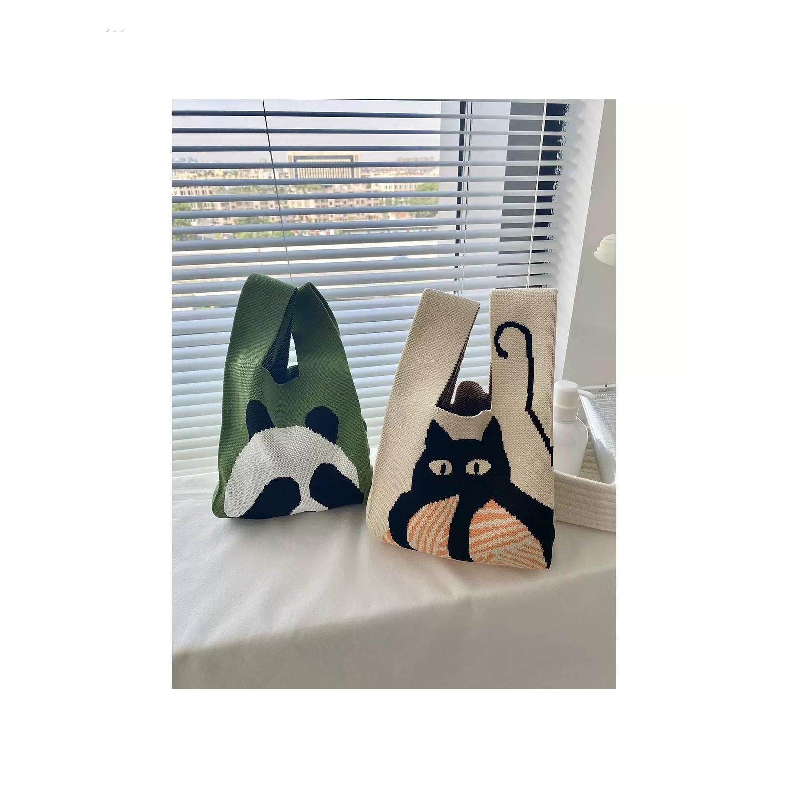 高级感猫咪撞色手工编织包韩版百搭手提小包通勤上班饭盒包托特包