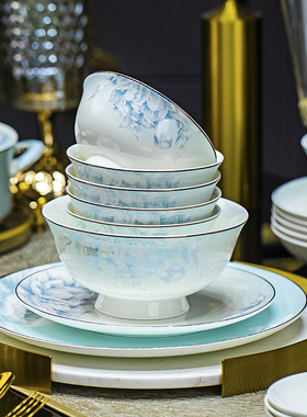 景德镇月光牡丹金边餐具套装中式高档陶瓷碗碟套装家用宴客礼盒装