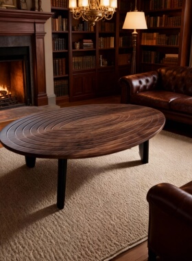 全实木胡桃木色椭圆茶几中古风