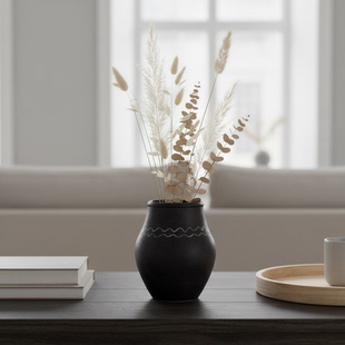 简约陶瓷花瓶黑色圆形干花装饰摆件家居客厅书房桌面花器