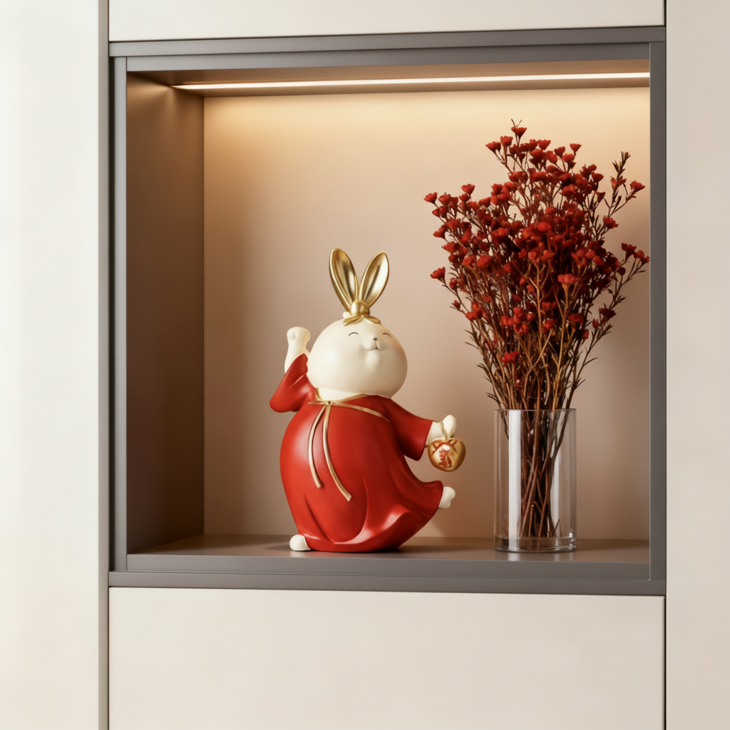 新年喜庆红色树脂兔子摆件