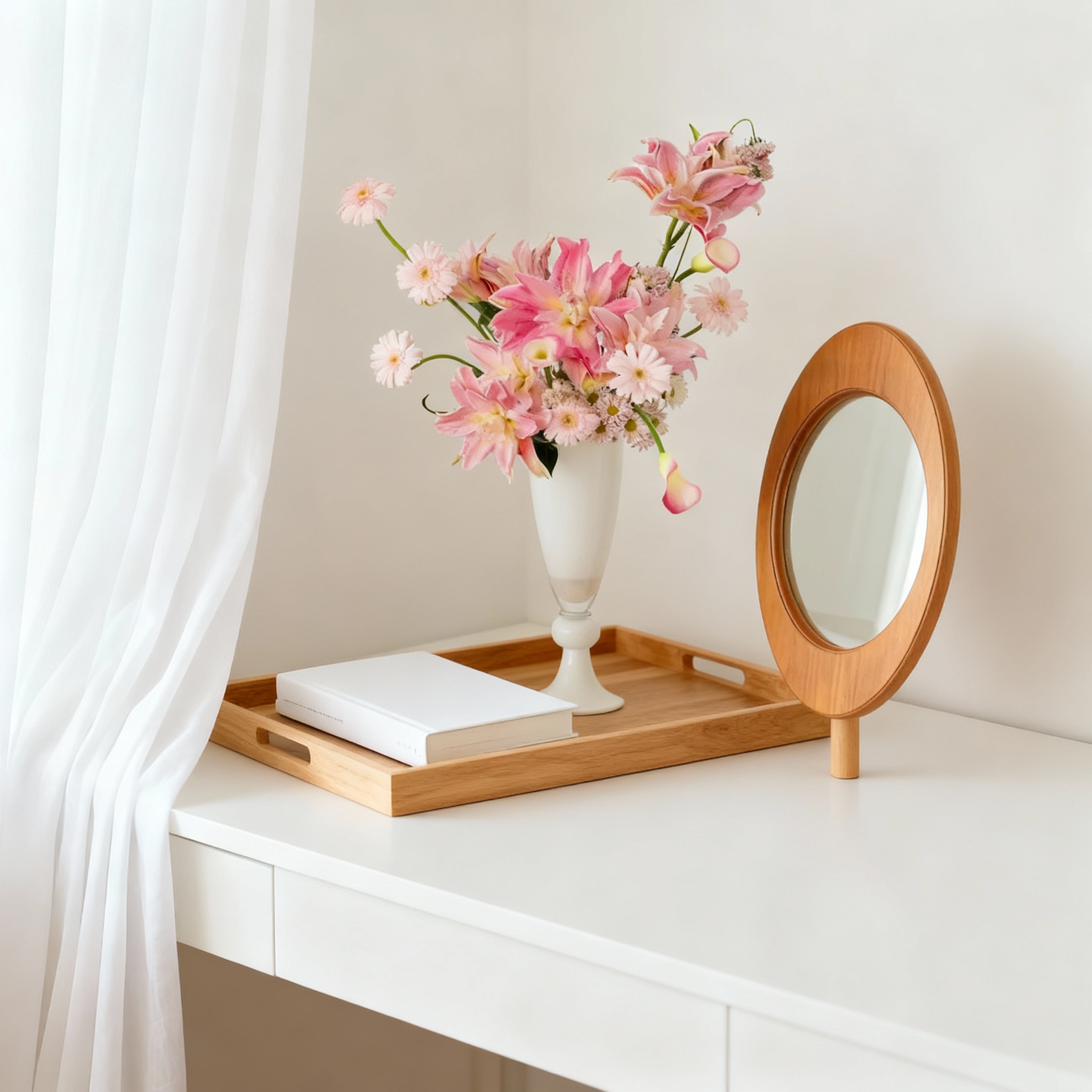 北欧木质桌面小镜花瓶托盘摆件
