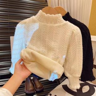 女童加绒打底衫版冬装2025新款洋气儿童韩版网红女孩蕾丝公主上衣