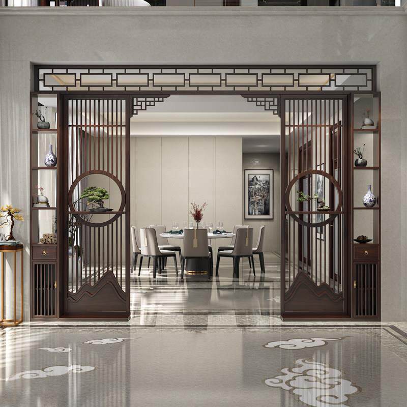 新中式实木拱门入户玄关屏风客厅月洞门隔断装饰镂空月亮门博古架