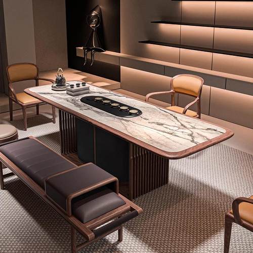 新中式现代轻奢岩板茶桌2025新款高端黑胡桃木家用长条泡茶桌茶台