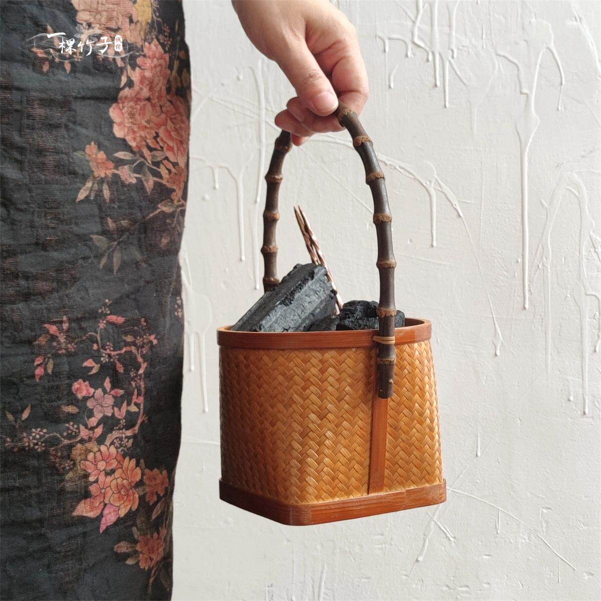 手工橄榄炭盒竹炭筐竹编碳篓炭钵煮茶碳收纳篮不掉渣家用茶事碳斗