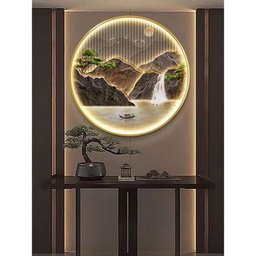 新中式圆形壁画流水生财玄关装饰画迎客松灯画大气山水画客厅挂画