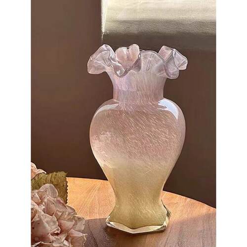 法式中古轻奢玻璃花瓶摆件餐桌鲜花水养花器高级感装饰花瓶简约