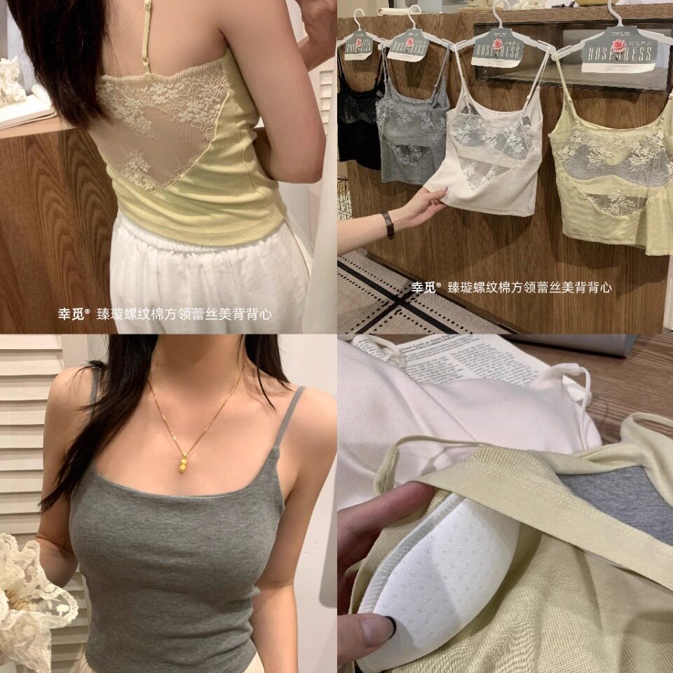 螺纹棉方领蕾丝美背吊带背心女士吊带/背心/T恤/打