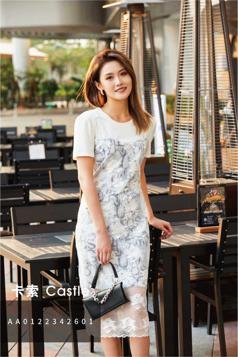 AA0122342601卡索优选法式高级感玫瑰吊带T恤拼接连衣裙女夏季