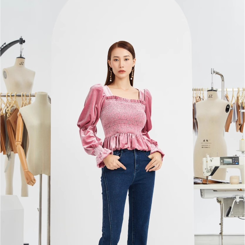 castle丝绒上衣高级感百搭衬衫女