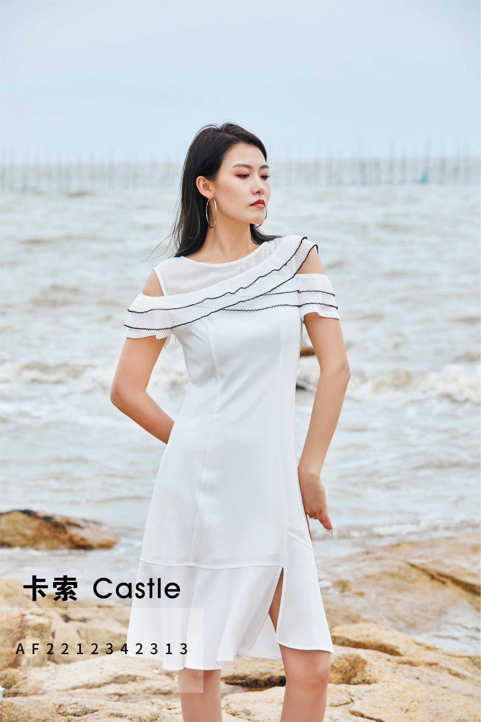 AF2212342313卡索优选雪纺荷叶边裙24夏季气质显瘦减龄露肩连衣裙