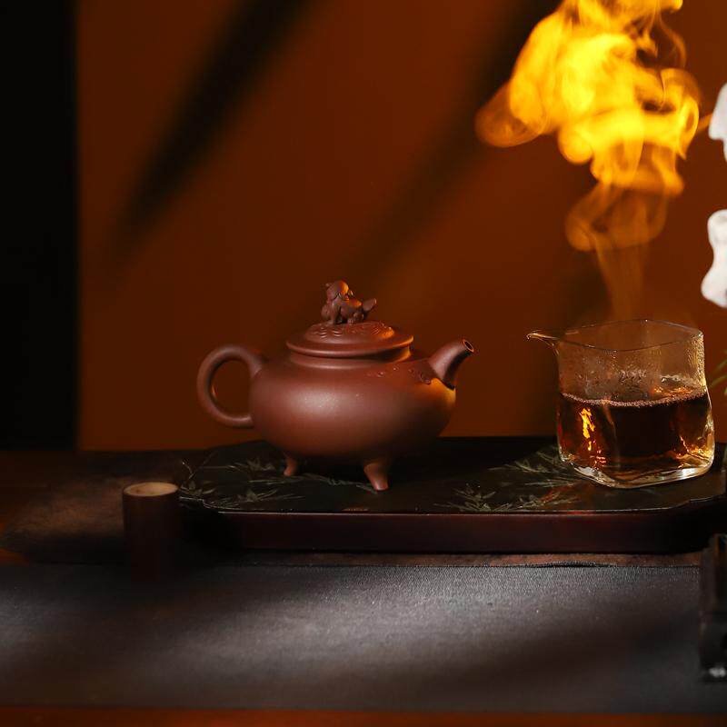 宜兴紫砂壶中式功夫茶壶茶具名家原矿底槽清全手工雕塑喜狮320ML