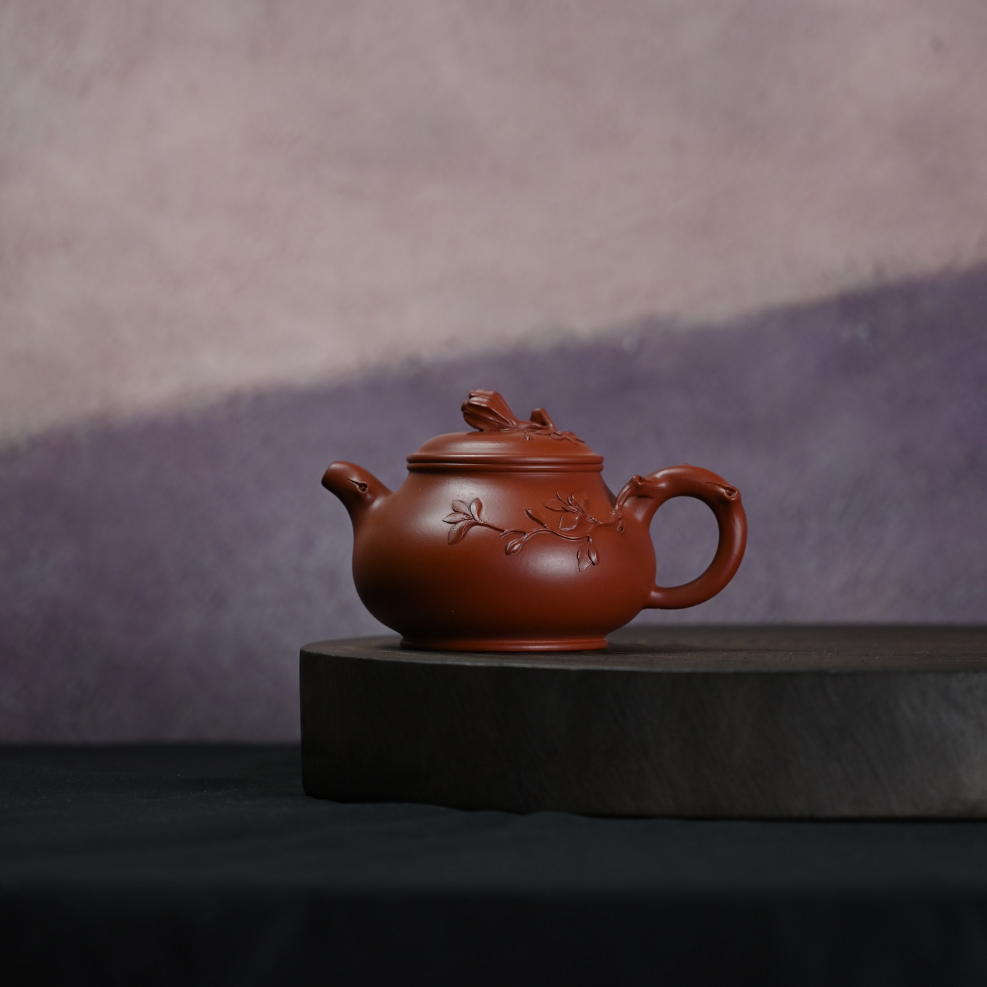 名家工艺师宜兴紫砂壶原矿大红袍玉兰壶全手工贴花茶壶茶具 390ml