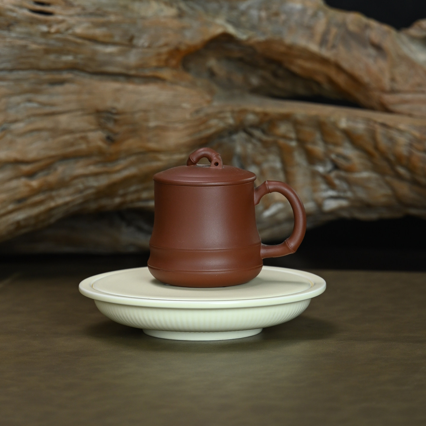 宜兴紫砂壶原矿清水泥竹节双线盖杯全手工精美茶杯国风盖杯 210ml