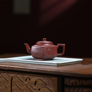 伯元 宜兴紫砂壶原矿紫泥全纯手工刻绘松树紫泥六方雪华壶可养